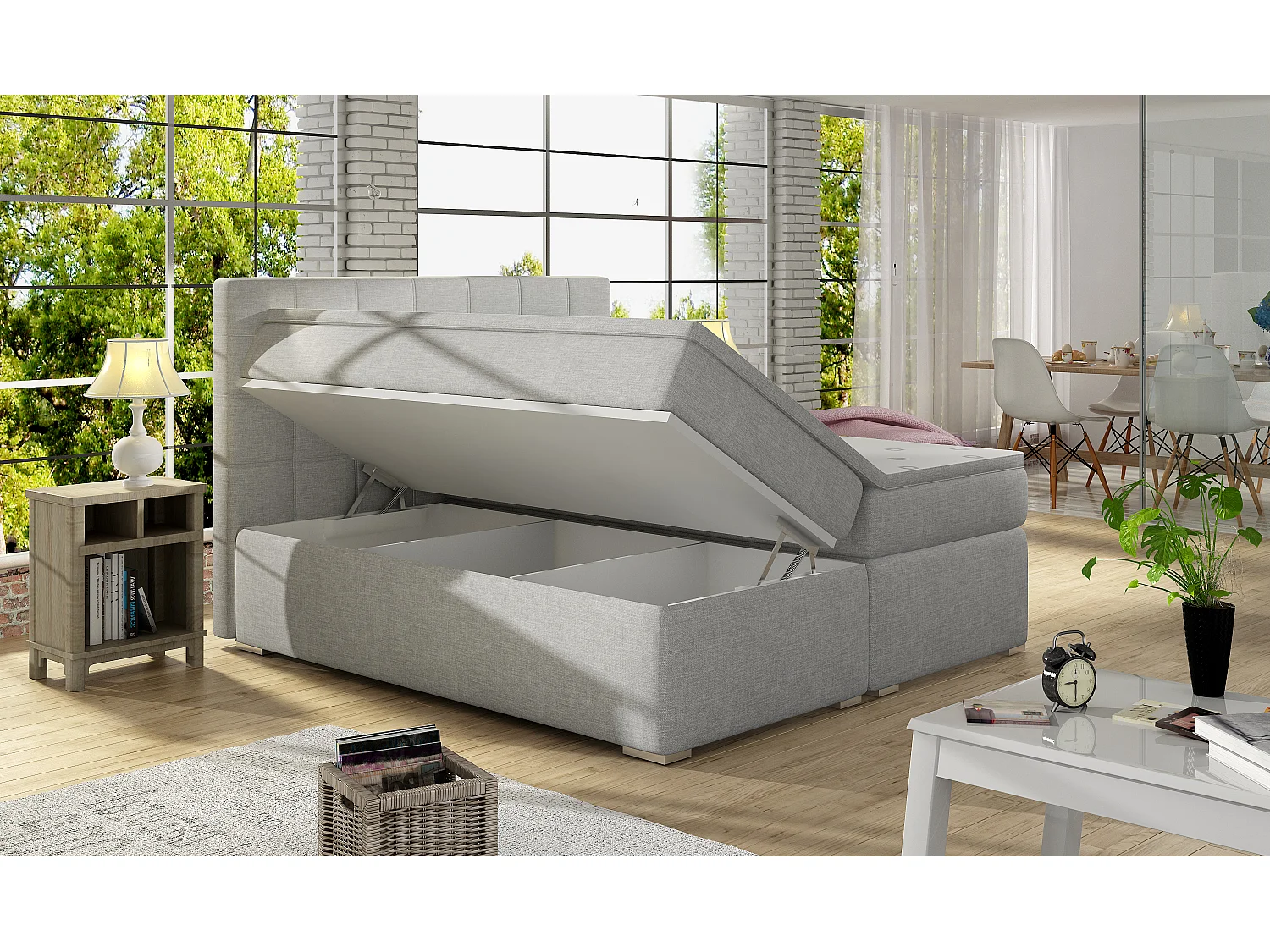 Lit chambre d'hôtel avec matelas simili cuir beige clair Alko-180x200