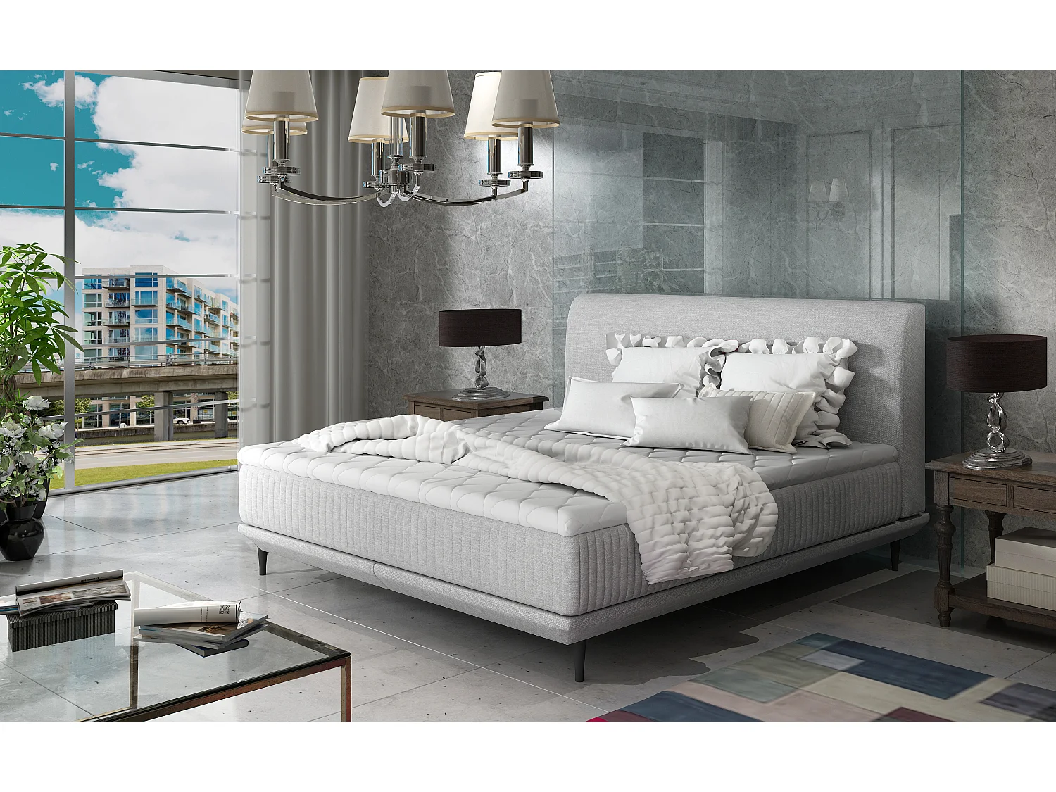 Boxspringbed 140x200 cm lichtgrijze stof, bedbodem en matras inclusief Mastera