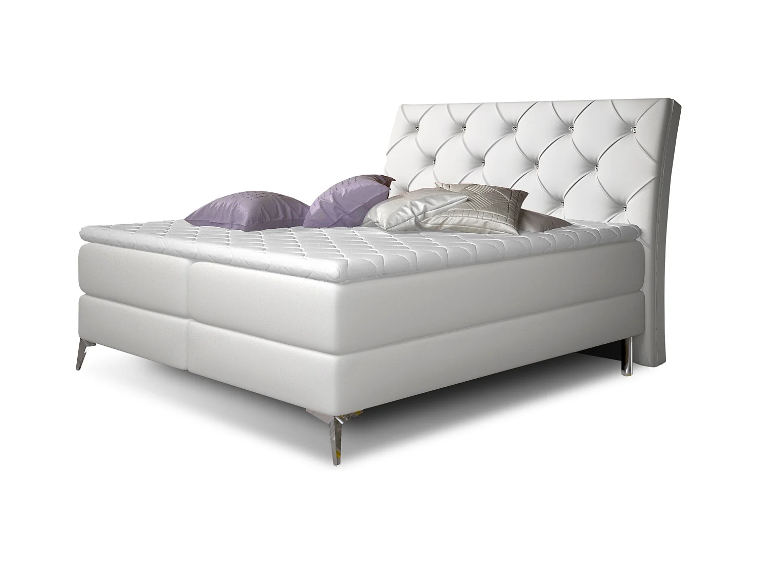 Lit design continental avec tête de lit capitonnée strass simili cuir blanc Banky-140x200