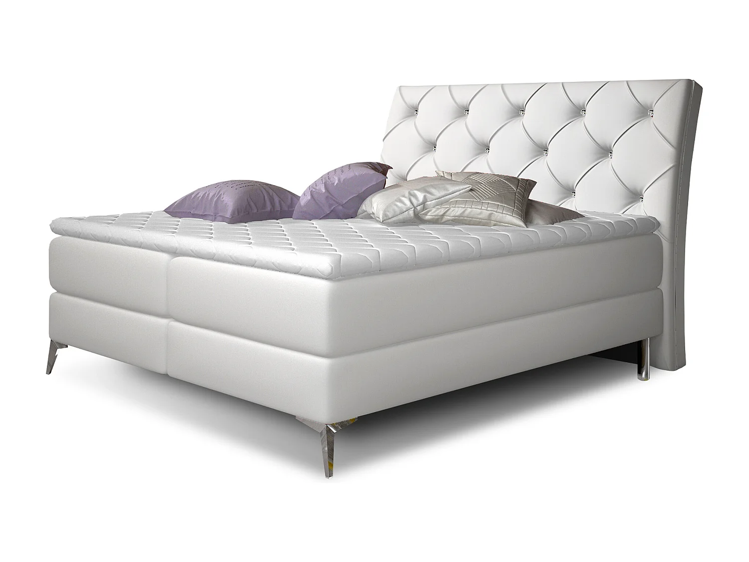 Lit design continental avec tête de lit capitonnée strass simili cuir blanc Banky-140x200