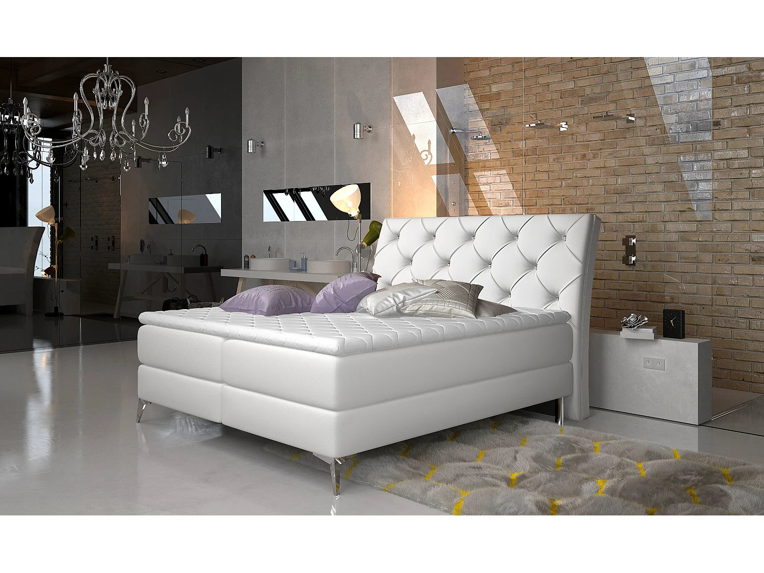 Lit design continental avec tête de lit capitonnée strass simili cuir blanc Banky-140x200
