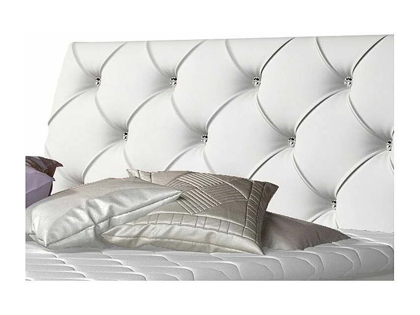 Lit design continental avec tête de lit capitonnée strass simili cuir blanc Banky-140x200