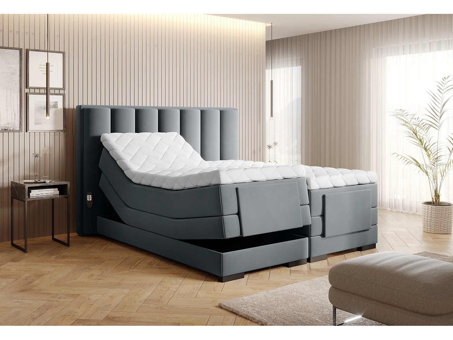 Lit boxspring électrique velours gris avec matelas et surmatelas Arkos-140x200