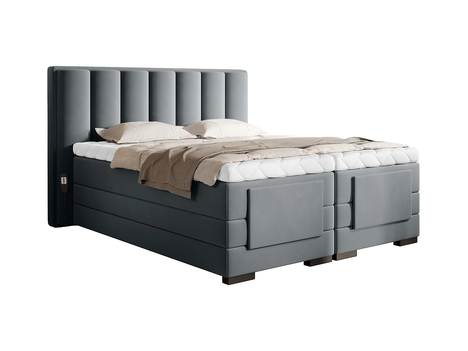 Lit boxspring électrique velours gris avec matelas et surmatelas Arkos-140x200