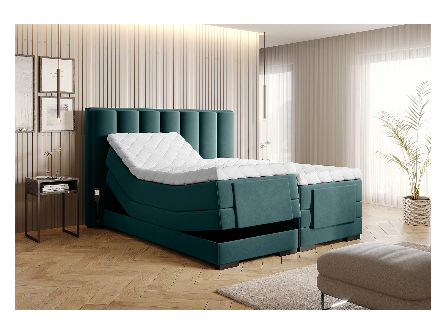 Lit boxspring électrique velours vert avec matelas et surmatelas Arkos-140x200