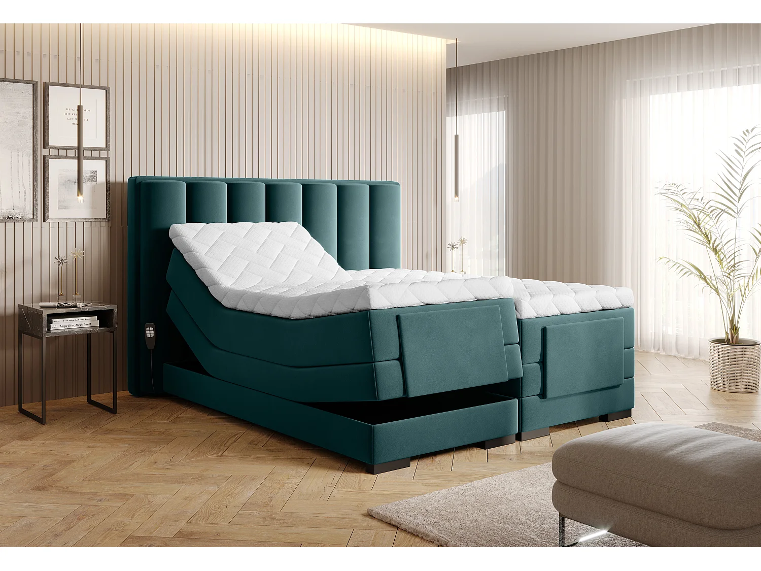 Lit boxspring électrique velours vert avec matelas et surmatelas Arkos-140x200