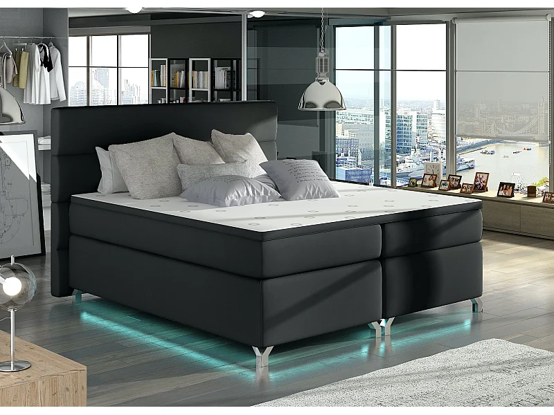 Lit boxspring 140x200 simili cuir noir Mador