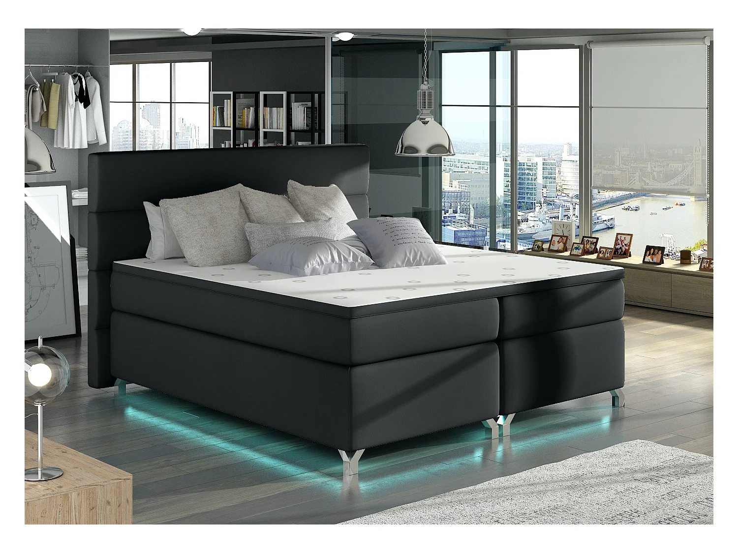 Lit boxspring 140x200 simili cuir noir Mador