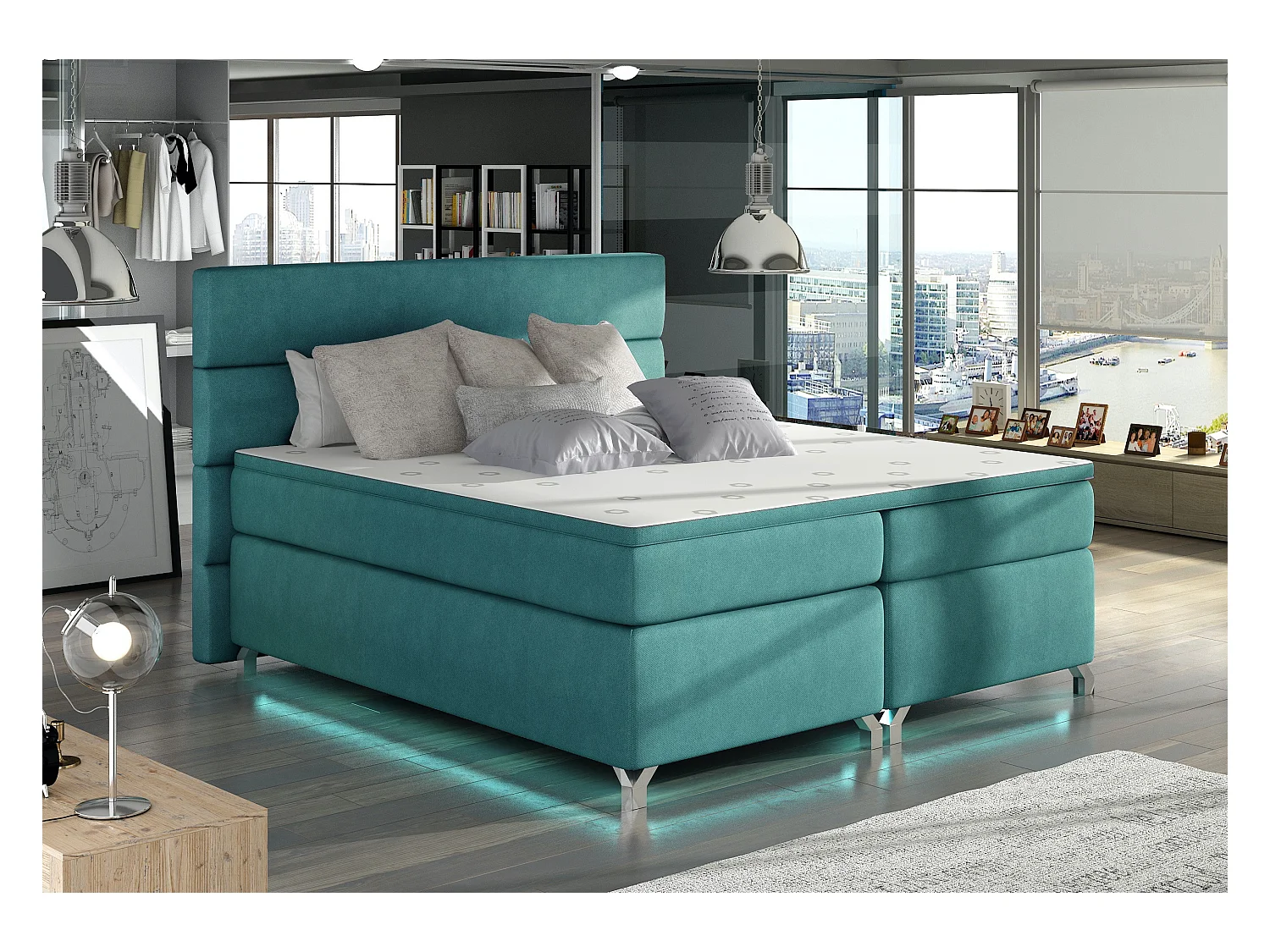 Lit boxspring 160x200 tissu vert émeraude Mador