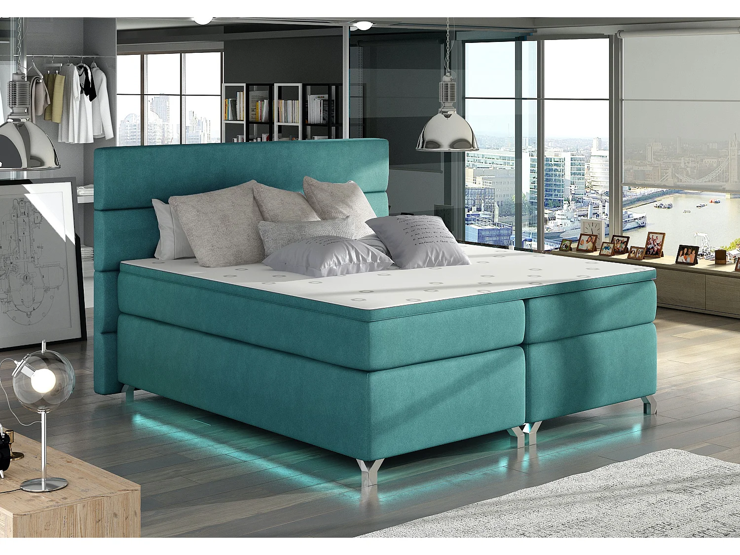 Lit boxspring 160x200 tissu vert émeraude Mador