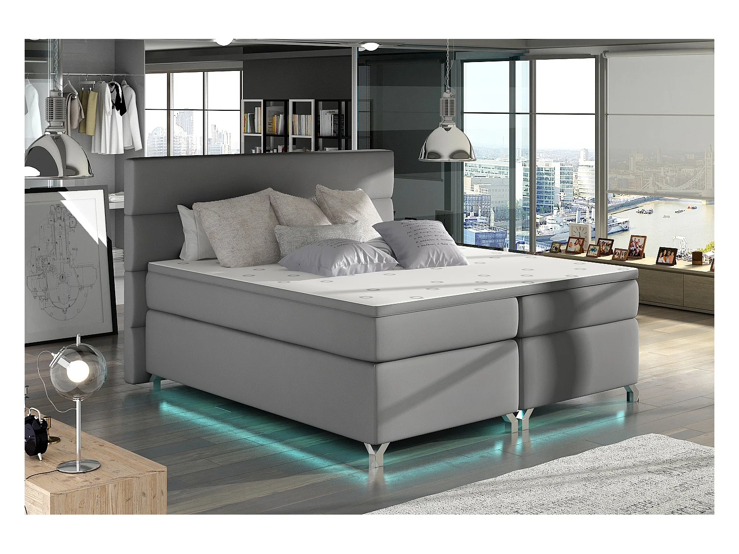 Lit boxspring 160x200 simili cuir gris clair Mador