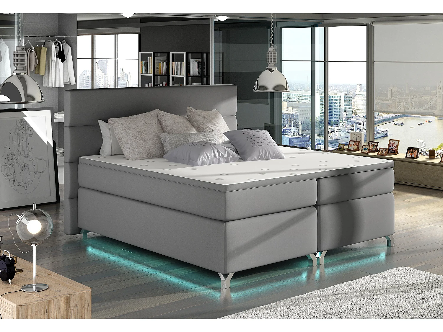 Lit boxspring 160x200 simili cuir gris clair Mador
