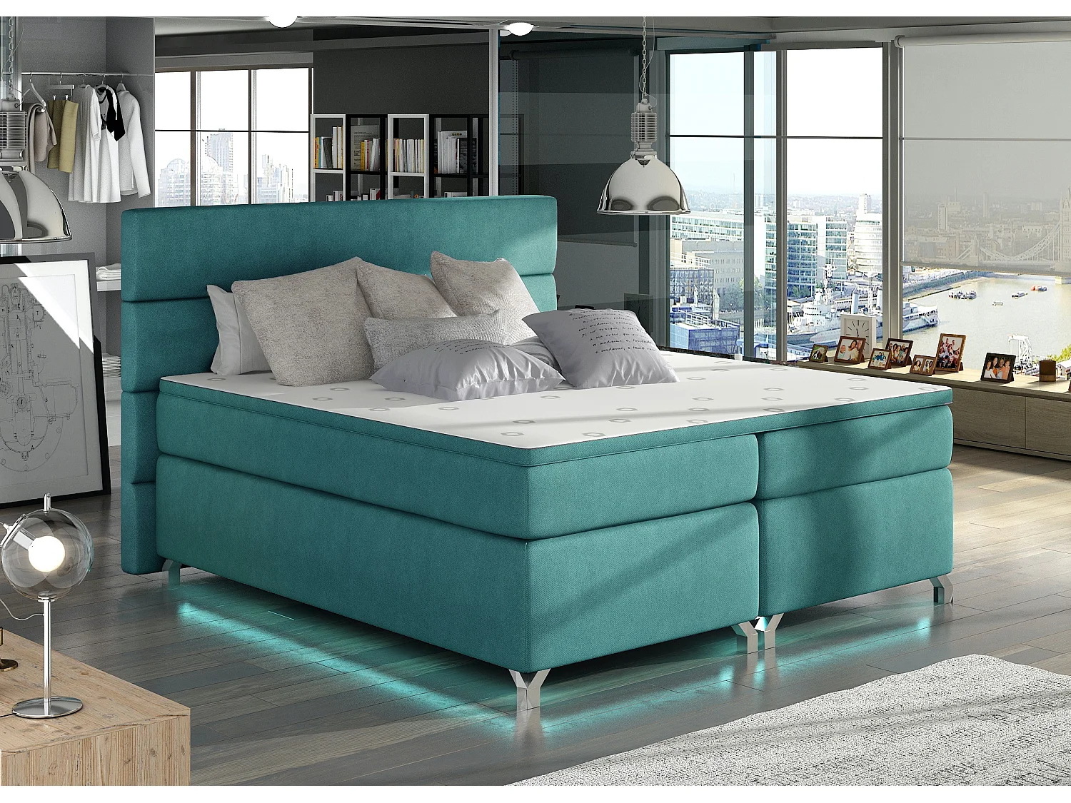 Lit boxspring 180x200 tissu vert émeraude Mador