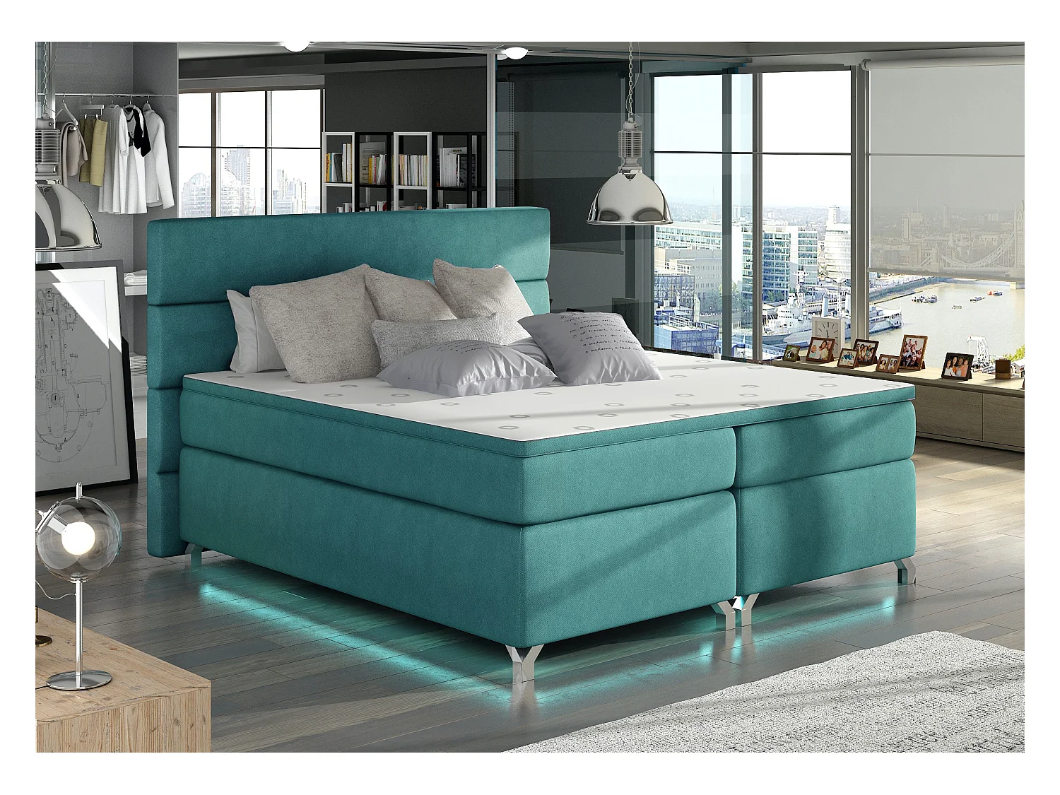 Lit boxspring 180x200 tissu vert émeraude Mador