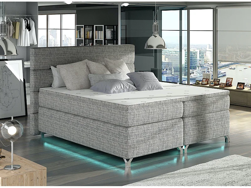 Lit boxspring 160x200 tissu gris clair chiné Mador