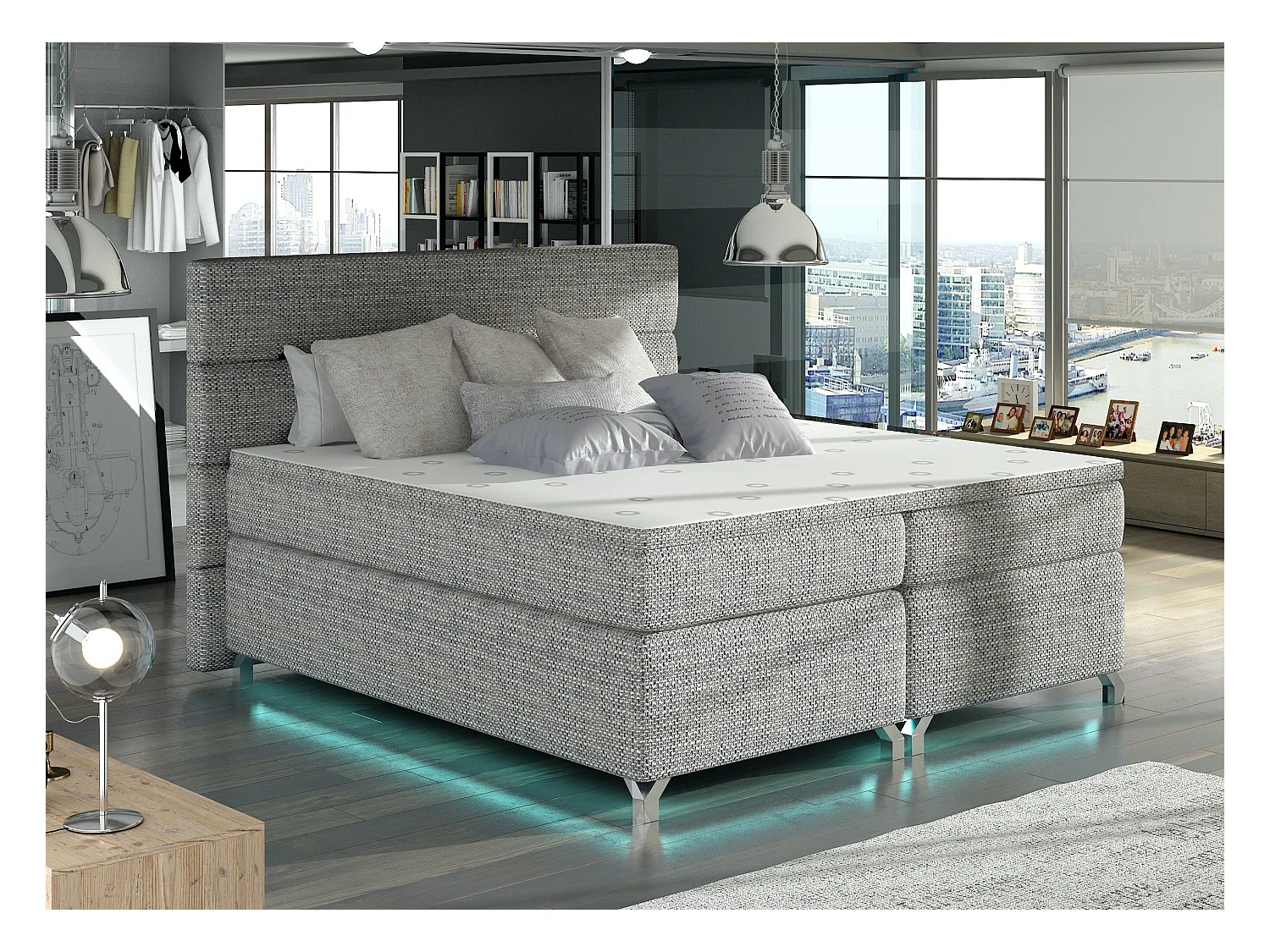Lit boxspring 160x200 tissu gris clair chiné Mador