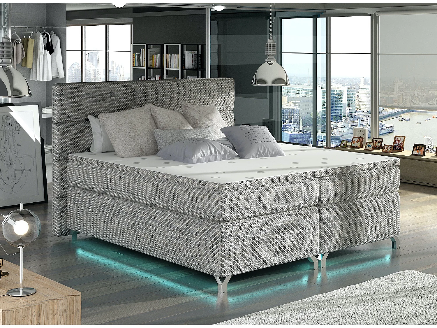 Lit boxspring 160x200 tissu gris clair chiné Mador