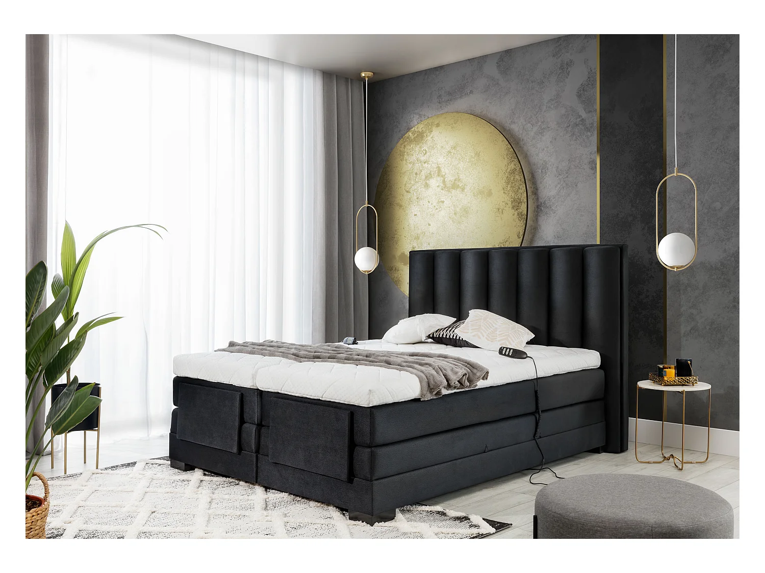 Lit boxspring électrique tissu marron clair avec matelas et surmatelas Arkos-90x200