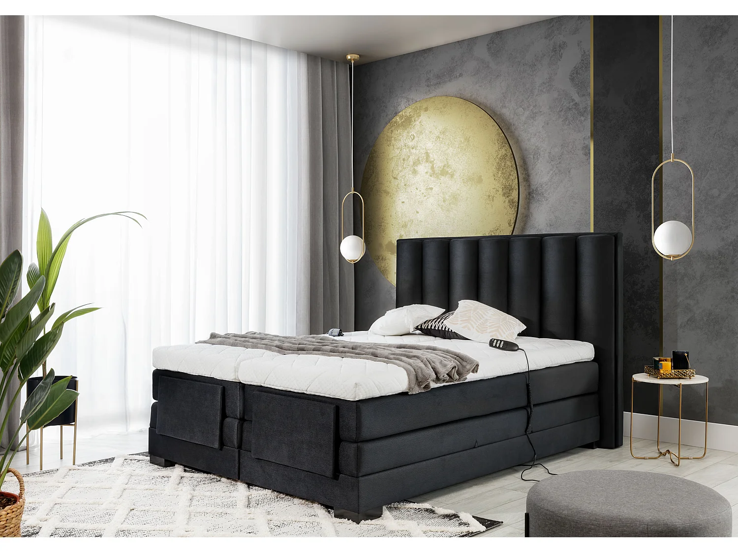 Lit boxspring électrique tissu marron clair avec matelas et surmatelas Arkos-90x200