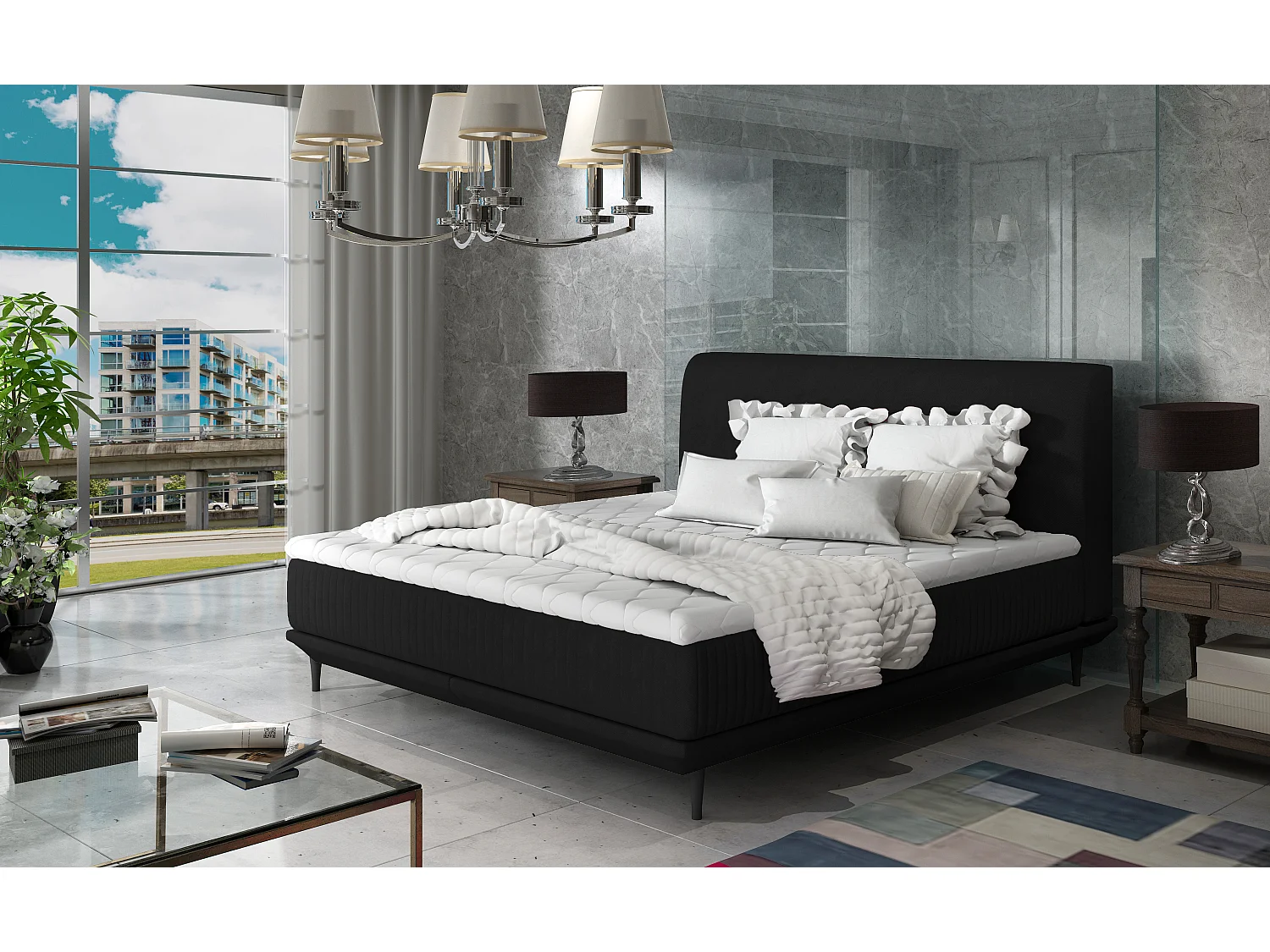 Lit boxspring 140x200 velours noir sommier et matelas inclus Mastera