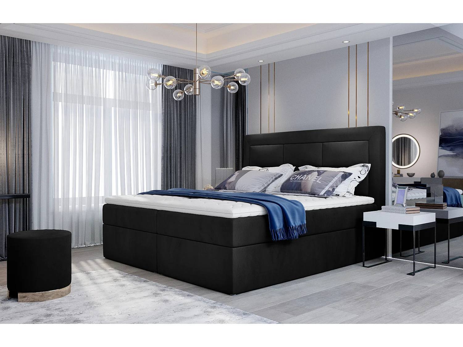 Lit continental velours noir Balore-Couchage 160x200 cm