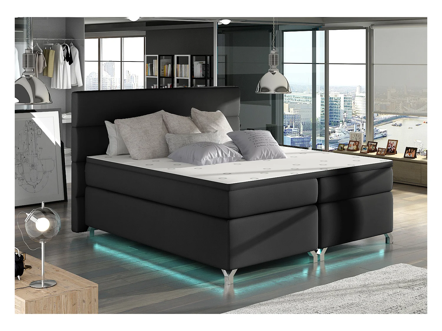 Lit boxspring 160x200 simili cuir noir Mador