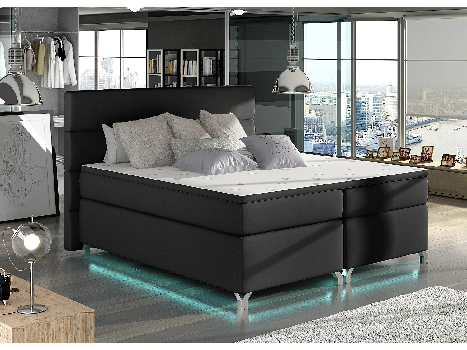 Lit boxspring 160x200 simili cuir noir Mador