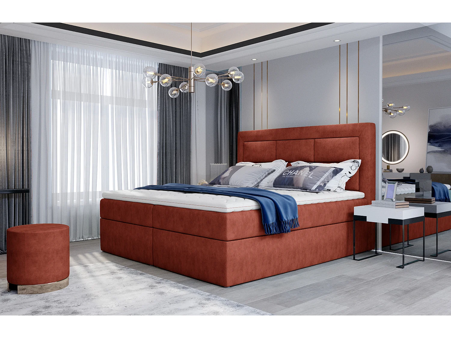 Lit continental tissu rouge tomette Balore-Couchage 180x200 cm