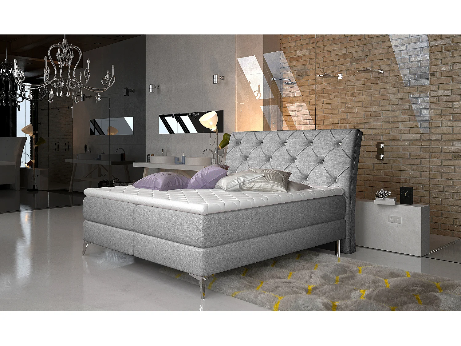Lit design continental avec tête de lit capitonnée strass tissu gris clair Banky-160x200