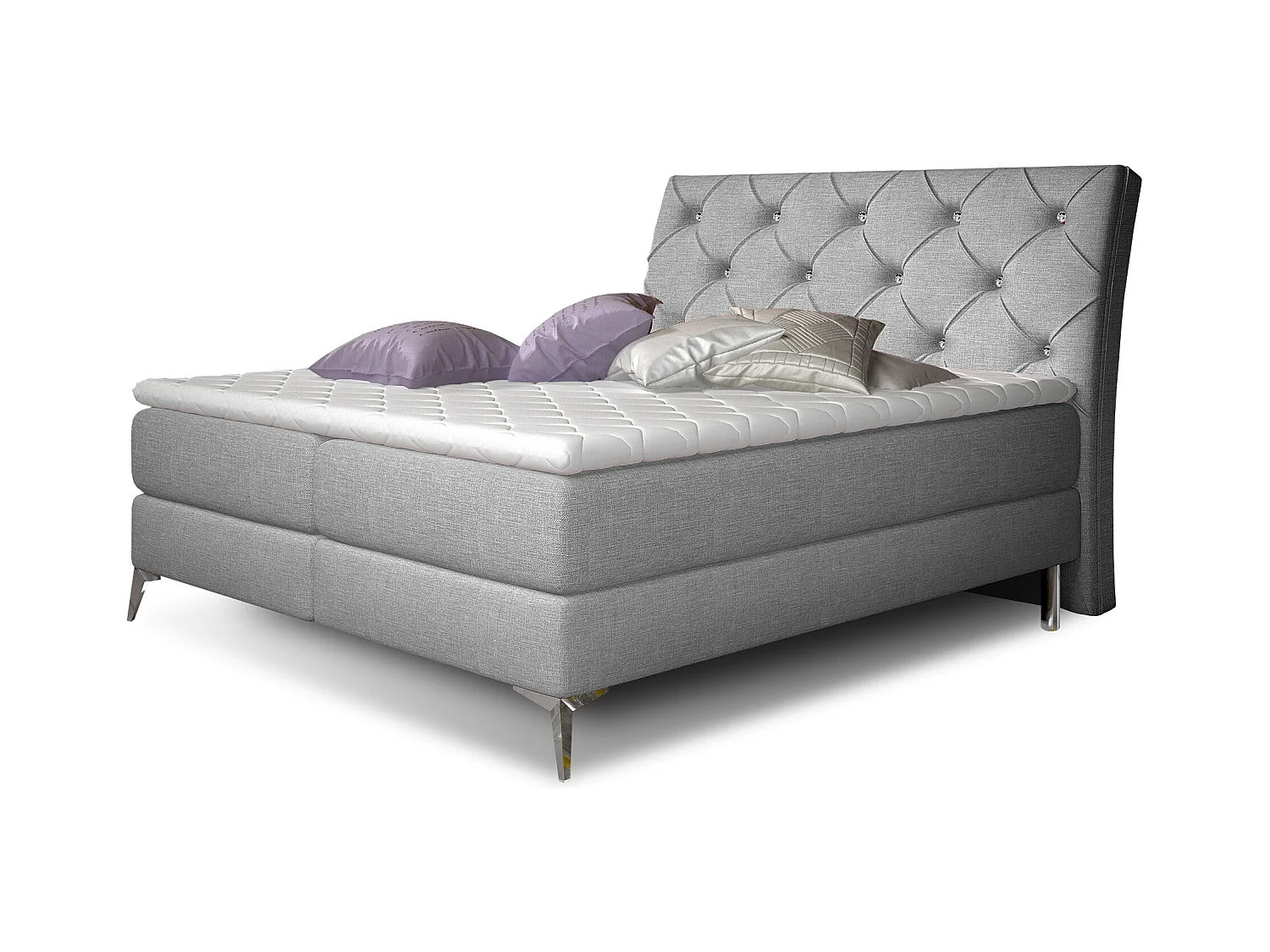 Lit design continental avec tête de lit capitonnée strass tissu gris clair Banky-160x200