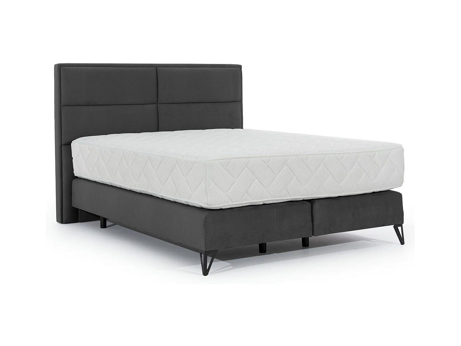 Lit continental tissu anthracite Tiempo avec matelas 30cm en latex et pied métal noir-140x200