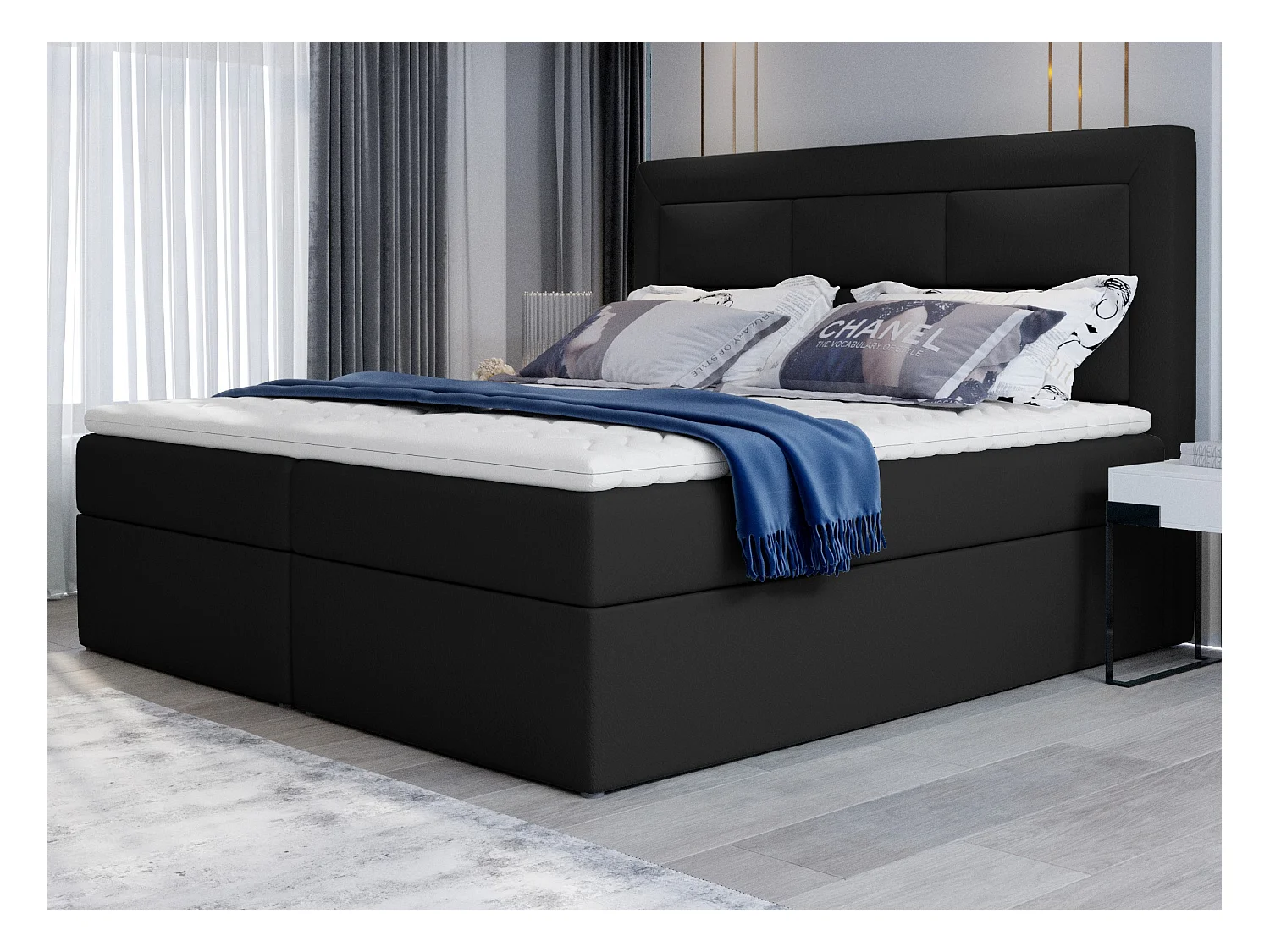 Lit continental simili cuir noir Balore-Couchage 180x200 cm