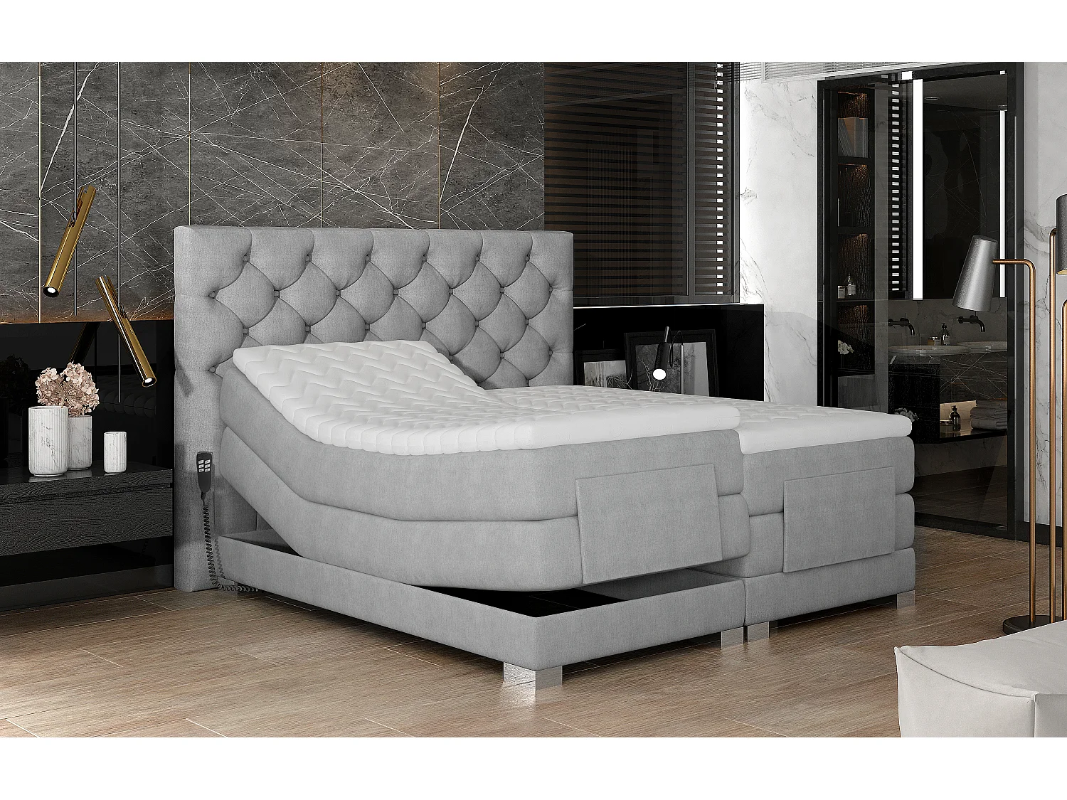 Lit continental électrique velours marron clair avec matelas et surmatelas Karmen-140x200