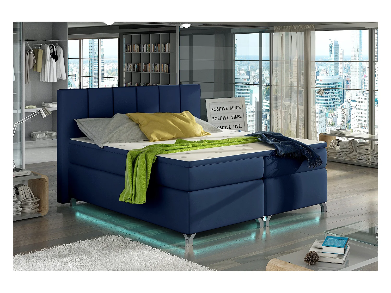 Lit boxspring 180x200 tissu bleu marine Balfor