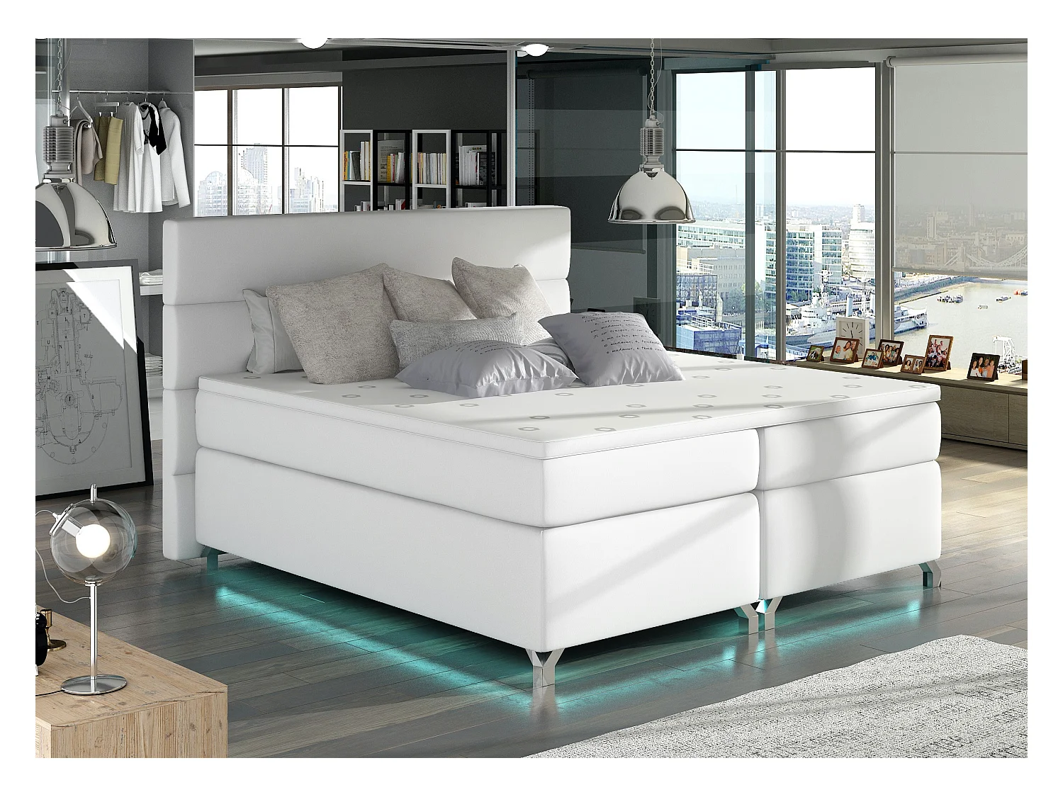 Lit boxspring 160x200 simili cuir blanc Mador