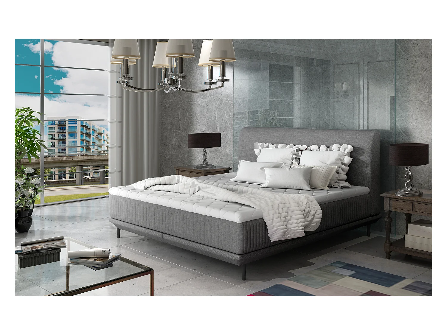 Lit boxspring 160x200 tissu gris foncé sommier et matelas inclus Mastera