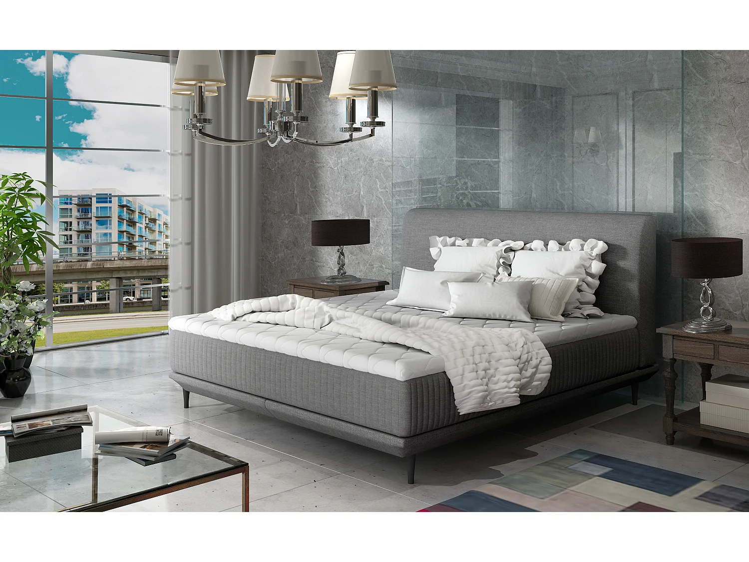 Lit boxspring 160x200 tissu gris foncé sommier et matelas inclus Mastera