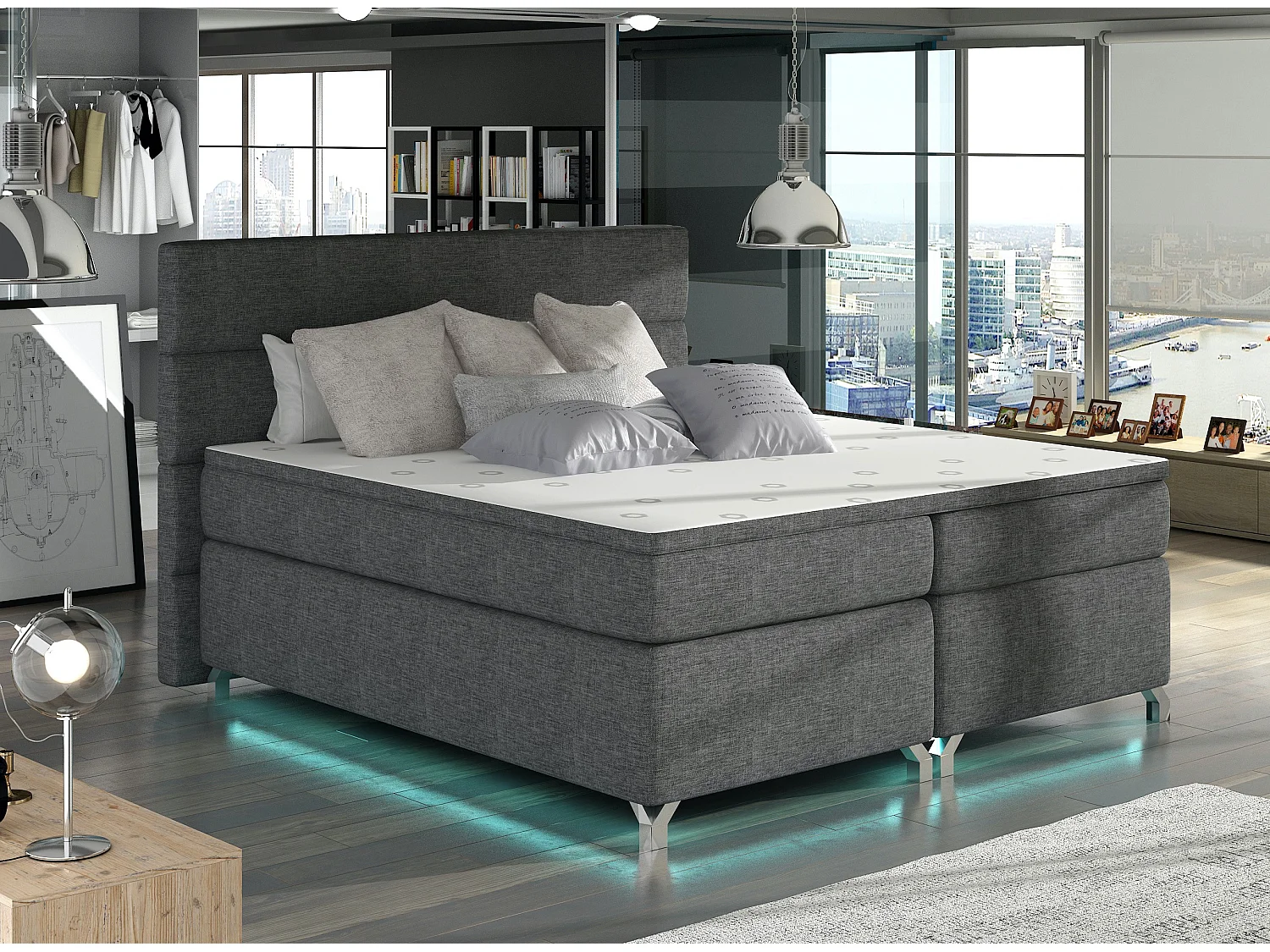 Lit boxspring 140x200 tissu anthracite Mador