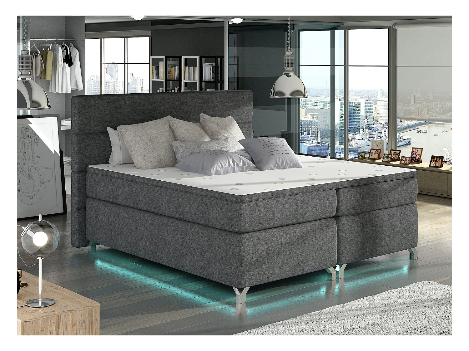 Lit boxspring 140x200 tissu anthracite Mador