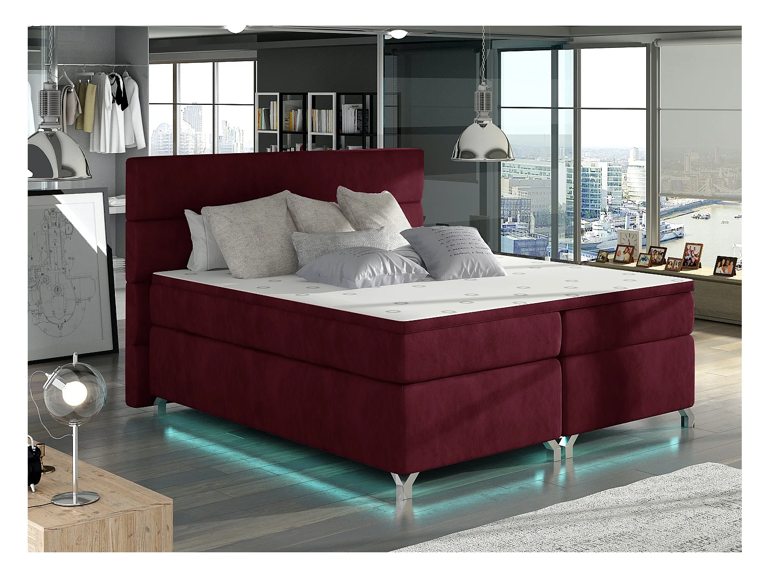 Lit boxspring 140x200 tissu bordeaux Mador