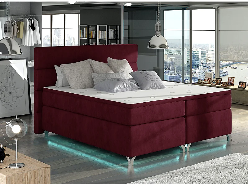Lit boxspring 140x200 tissu bordeaux Mador