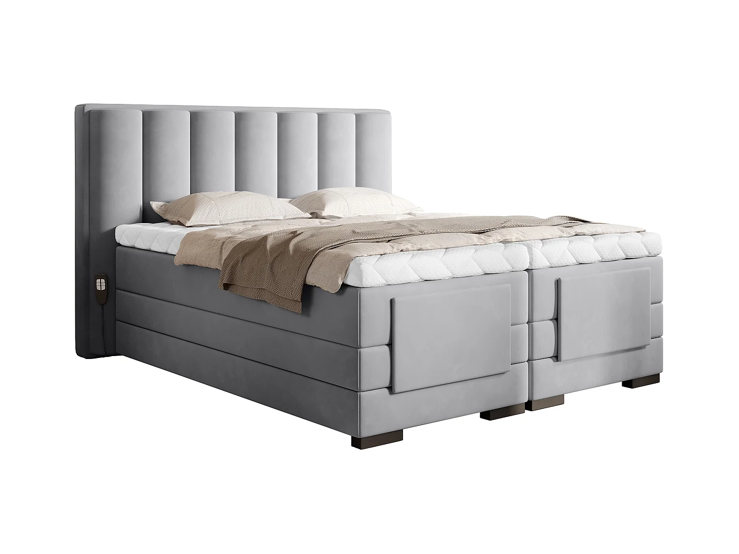 Lit boxspring électrique velours gris souris avec matelas et surmatelas Arkos-160x200