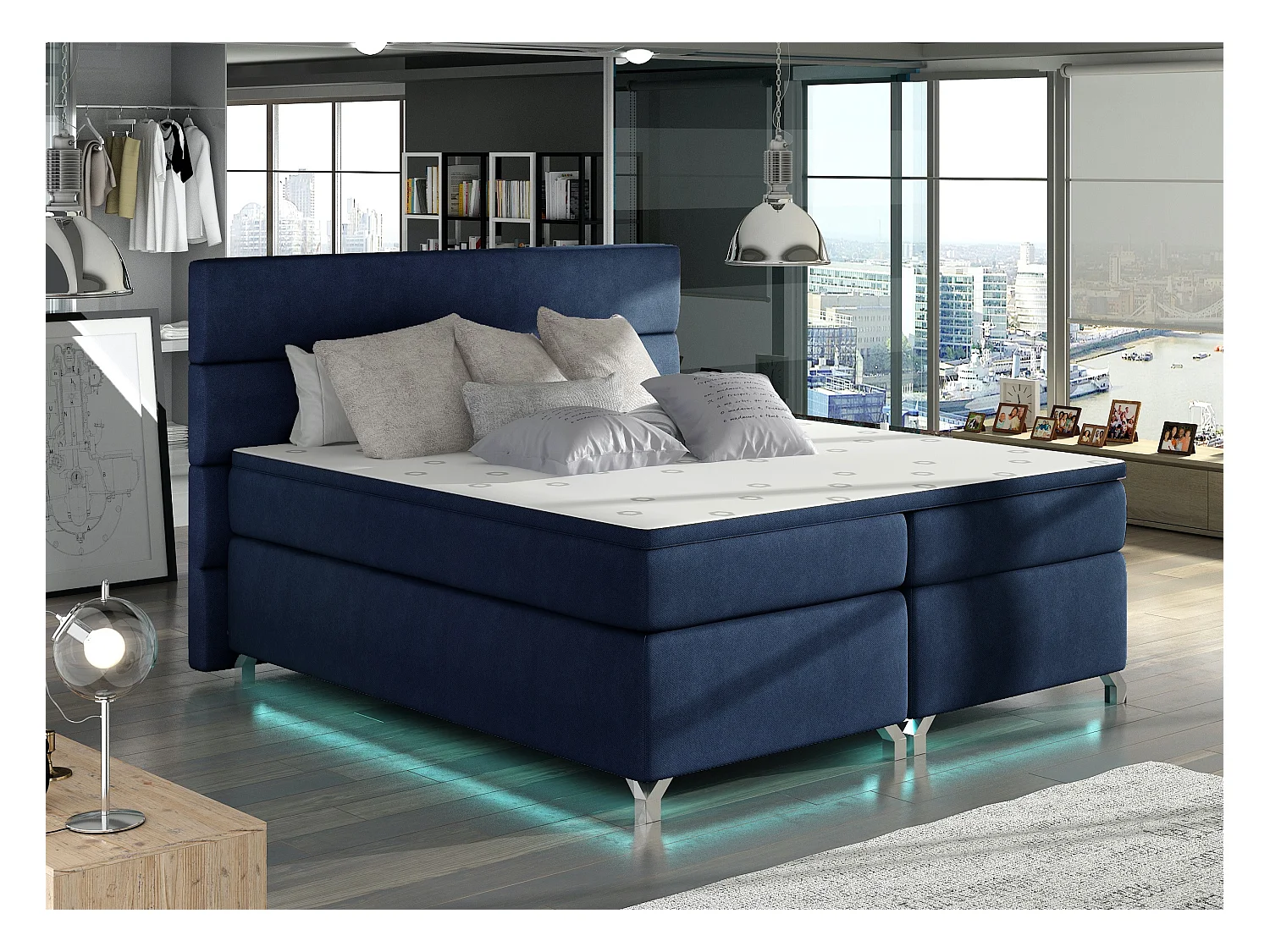 Lit boxspring 160x200 tissu bleu foncé Mador