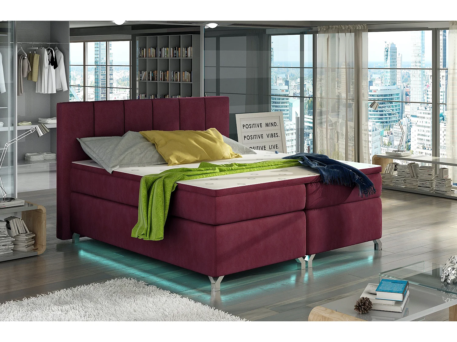 Lit boxspring 180x200 tissu bordeaux Balfor