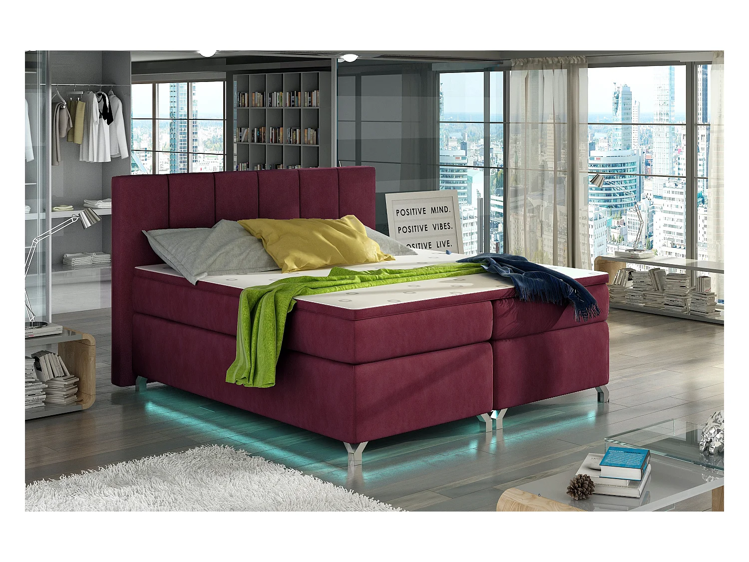 Lit boxspring 180x200 tissu bordeaux Balfor
