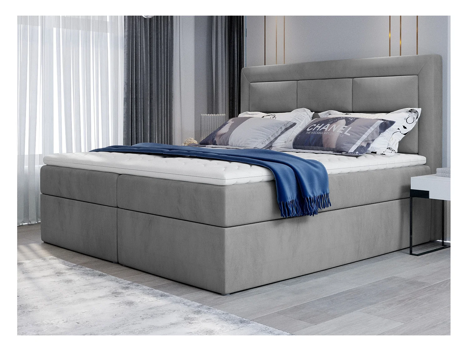 Lit continental velours gris clair Balore-Couchage 140x200 cm
