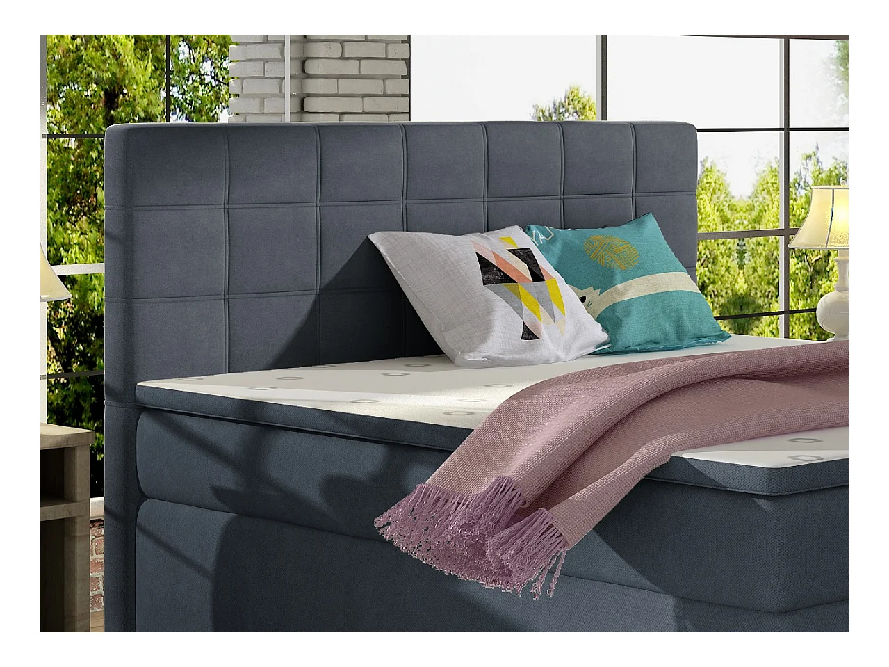 Lit chambre d'hôtel avec matelas tissu bleu turquin Alko-180x200