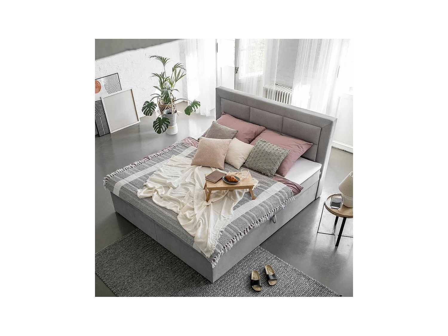 Lit continental tissu gris clair Balore-Couchage 180x200 cm