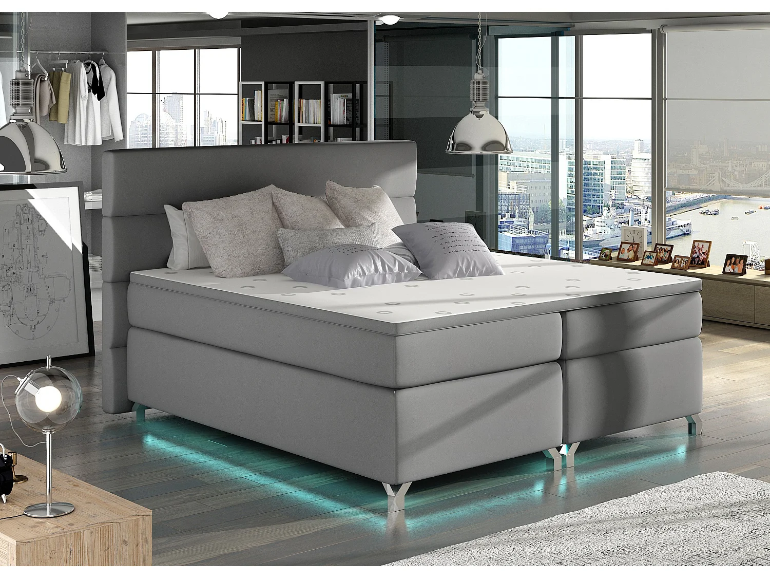 Lit boxspring 140x200 simili cuir gris clair Mador