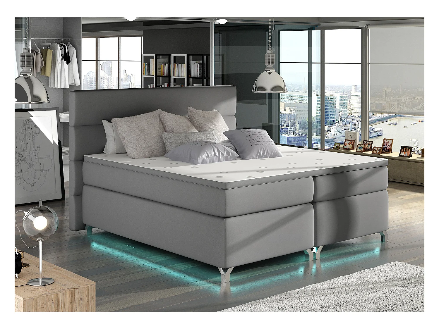 Lit boxspring 140x200 simili cuir gris clair Mador
